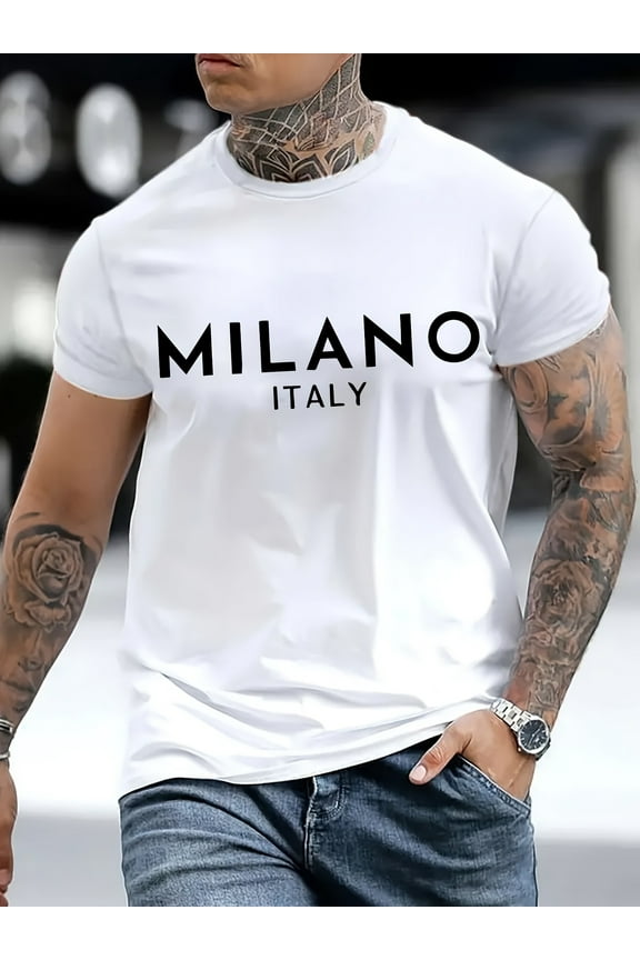 1pc Men's Cotton T-Shirt with Milano Italy Letter Print - Breathable Summer & Autumn Casual Shirt, Slightly Elastic Round Neck, Machine Washable Regular Fit Short Sleeve Tee, Casual Attire