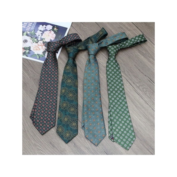 1pc Men's Dark Green & Yellow Small Flower 100% Polyester Handmade Tie, Suitable For Formal And Daily Business Wear
