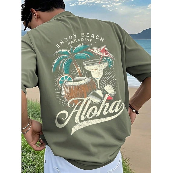 1pc Men's Graphic T-Shirt Beach Vacation Casual Summer Wear Printed Loose Fit Short Sleeve T-Shirt