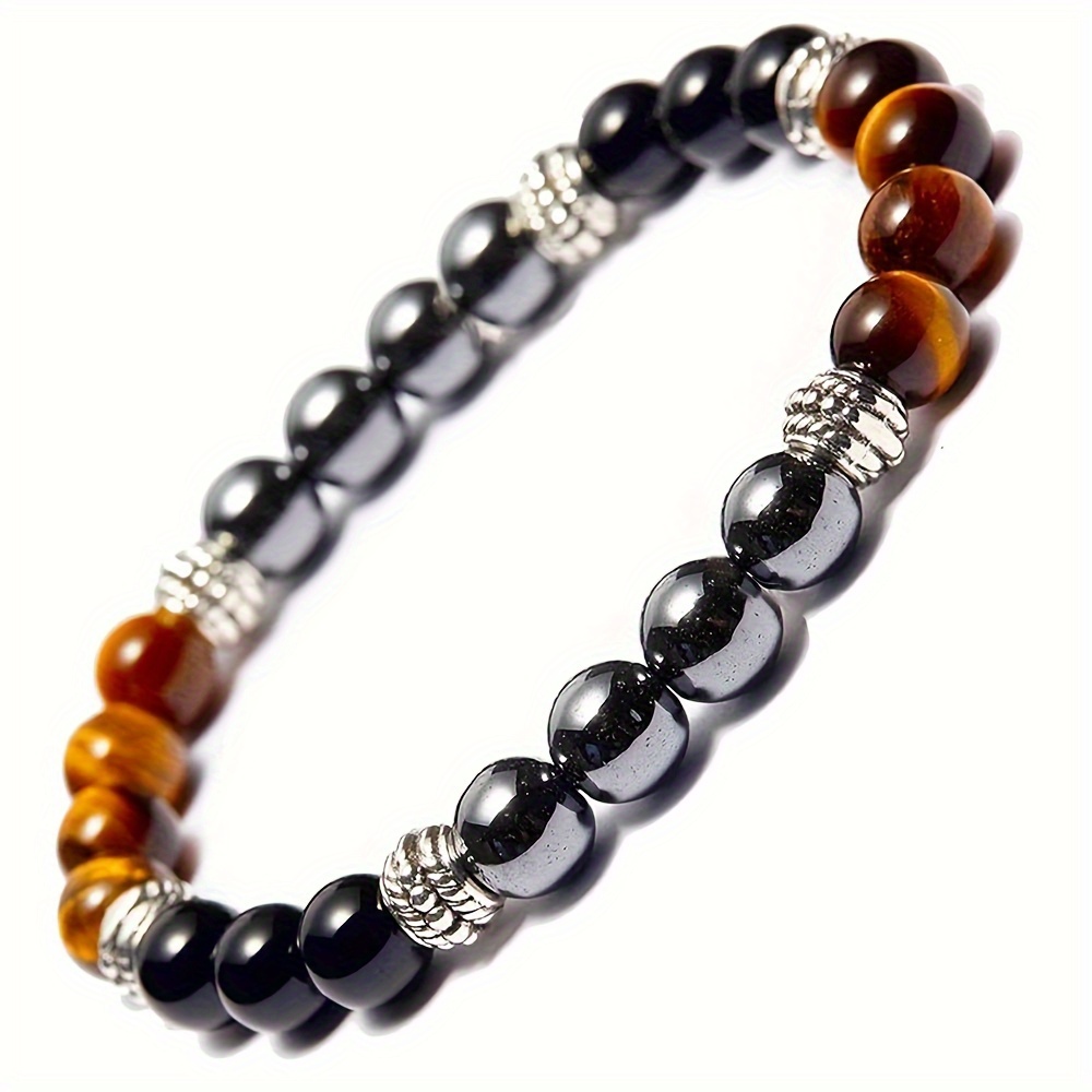 Natural Stone Bead Bracelet - 8mm Black Tiger Eye & Lava Rock, Adjustable Braided Rope, Healing & Yoga - View #7