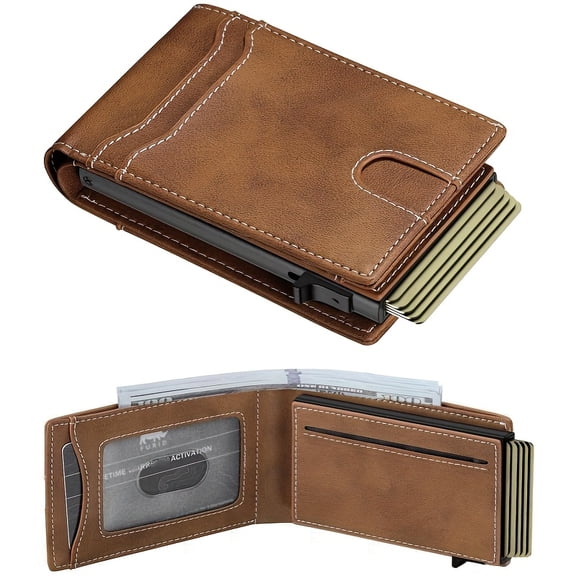 1pc Men's Slim Smart Wallet with RFID Blocking Technology, Minimalist Pop-Up Design & ID Window - Brown -like Texture, Golden-Tone Hardware, Multi-Compartment Organizer with Cash Pocket - Ideal Gift