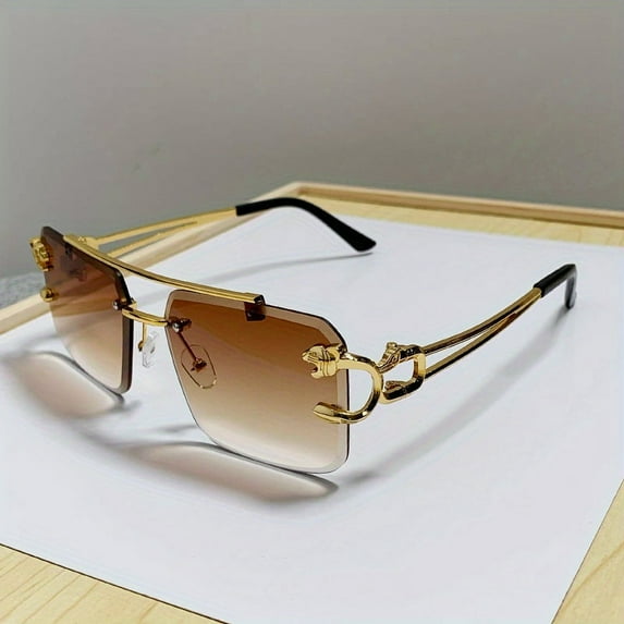 1pc Men's Square Rimless Sunglasses, Super Cool Gold Tiger Head Decoration Sunglasses Men's Driving Sunshade Anti-glare Glasses