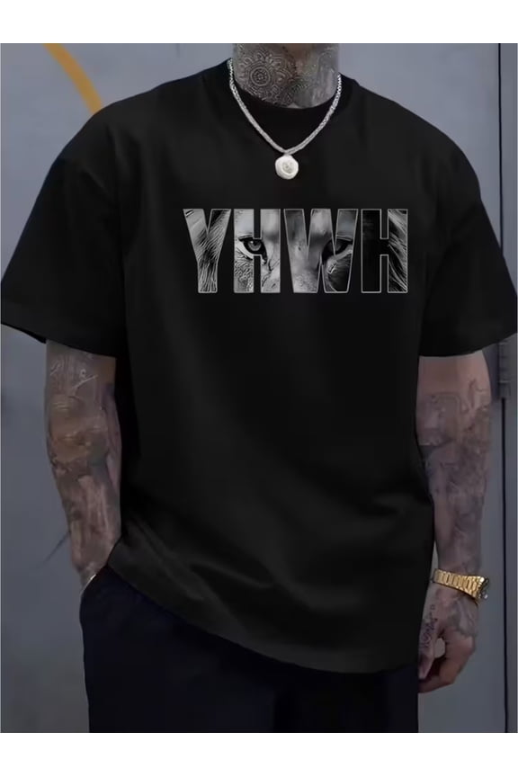 1pc Men's Streetwear YHWH & Lion of Judah Print T-Shirt - Soft Breathable Polyester, Bold Hebrew Lettering, Casual Round Neck Tee Suitable for Daily Wear & Religious Events - Machine Washable