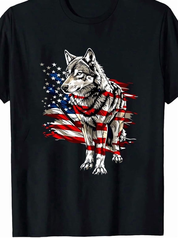1pc Men's Wolf American Flag Print Black TShirt, Crew Neck, Casual Cotton Tee Medium Stretch Knit Fabric, Men's Regular Fit, Size