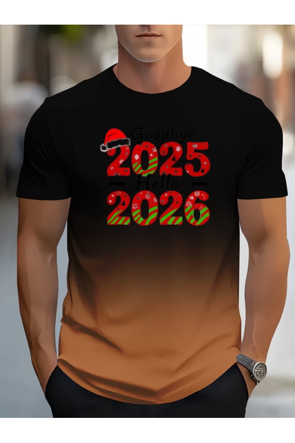 1pc Mens 2026 New Years Eve T Shirt | Goodbye 2025 Hello 2026 Santa Hat Number Print, White, Short Sleeve, Casual Round Neck, Machine Washable, Perfect for Men