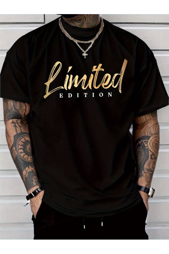 1pc Mens Edition Golden Letter T-Shirt | 100, Lightweight 180Gsm, Regular Fit, Round Neck, Short Sleeve, Summer Tee, Casual Attire, Leisure Clothing, Modern Fashion, Print Shirt for Fashion