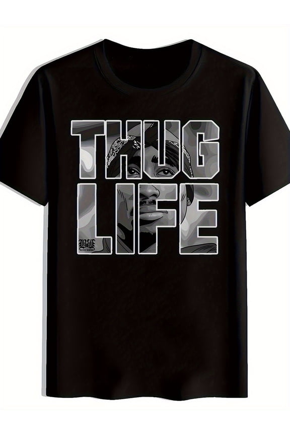 1pc Mens Thug Life Graphic T Shirt Casual Black Short Sleeve Tee with White Letter Print Round Neck Summer Streetwear Everyday Everyday Tshirt Trendy Graphic Tee Graphic Print Shir Open In New Tab.
