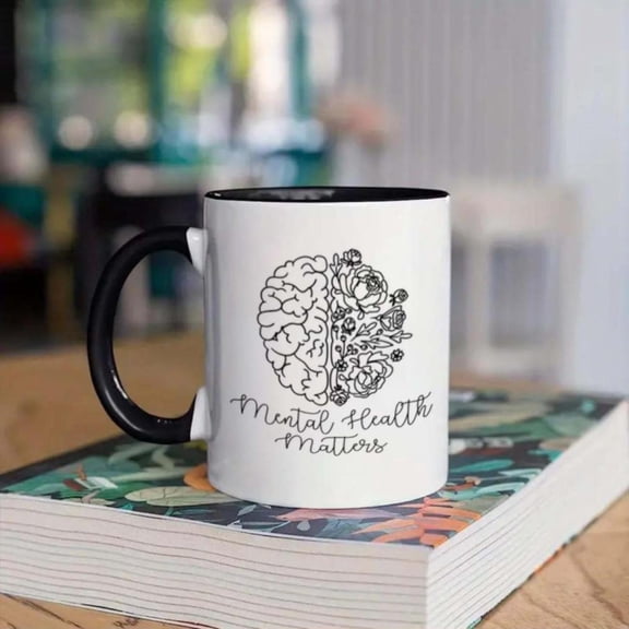 1pc Mental Matters Coffee Mug with Brain Floral design White Black Contrast 11oz Ceramic Cup Psychology Gifts Everyday Use Ideal Mental Professionals Students Advocates Hand Wash O