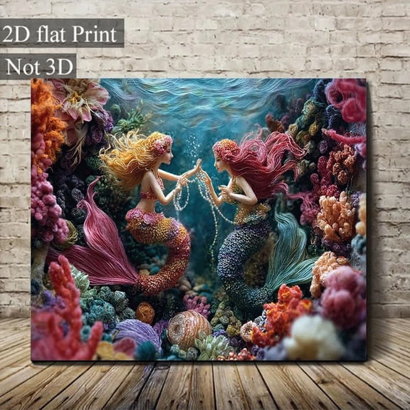 1pc Mermaid Sisters Frameless Canvas Wall Art - Two Mermaids Playing with Pearls, Turquoise & Pink Hair Painting, Ocean Theme Poster for, Office, Bathroom Decor, Gift for, (Vibrant Marine Life)