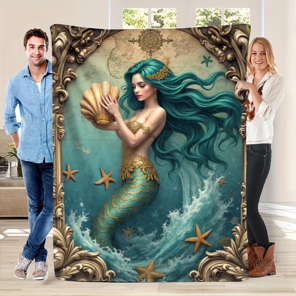 1pc Mermaid printing Throw Blanket - Turquoise & Golden Oceanic Design with Mermaid Tail, All-Season Soft Flannel - Machine Washable