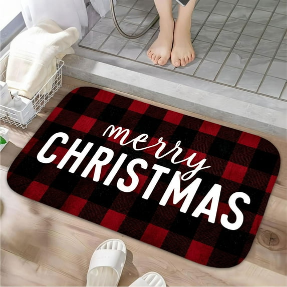 1pc Merry Christmas with Buffalo Absorbent Non-Slip Bathroom Thickened Flannel Rug Decor,Soft,Quick Drying,Suitable For Indoor/outdoor Use,Bathrooms,Bedrooms,Kitchens,Terrace,Laundry Rooms,16"x24"