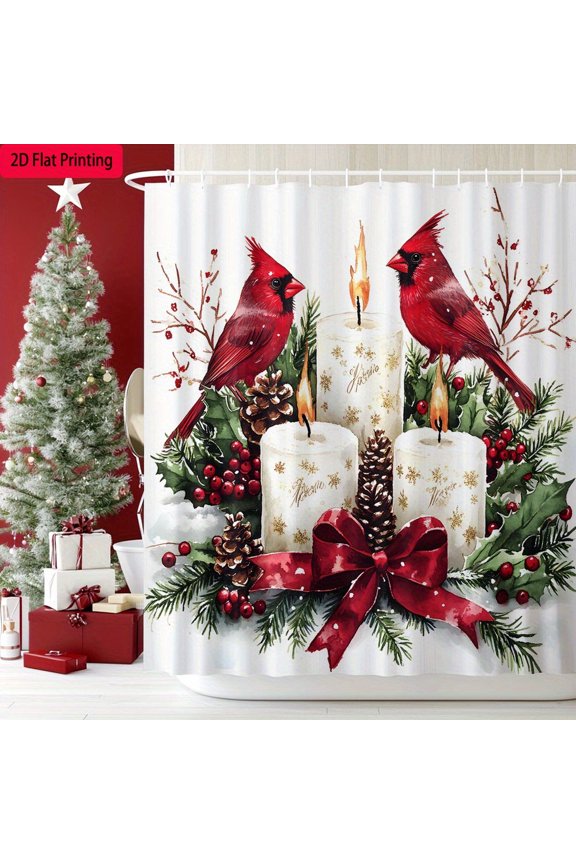 1pc Merry Christmas Polyester Shower Curtain - Festive Cardinal & Candle Design with Pine Cones & Holly Berries, Perfect for Holiday Bathroom Decor (Includes 12 Hooks), 72x72 inch