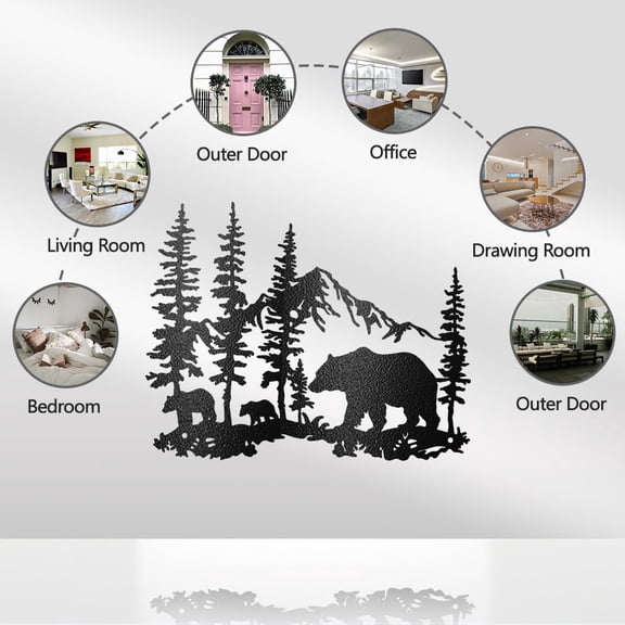 1pc Metal Bear Wall Art Decor Black Iron Scenery Wall Silhouette Sculpture Decor Wildlife Forests and Mountains Metal Wall Hanging Decor for Living Room Garden Bedroom 11.8x9.2 Inch