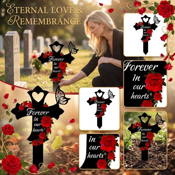 1pc Metal Cemetery Memorial Plaque, Cross-Shaped Garden Stake with Roses & Butterfly, Rust Resistant Sympathy Remembrance Outdoor Grave Yard Tribute Decor