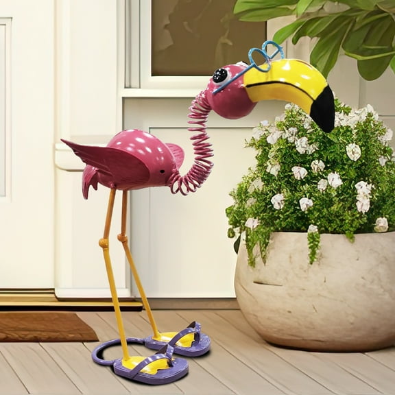 1pc Metal Flamingo Statue, Freestanding Quirky Bird Sculpture Garden Yard Art, Playful Beach-Themed Lawn Ornament, Electricity-Free Decorative Accessory