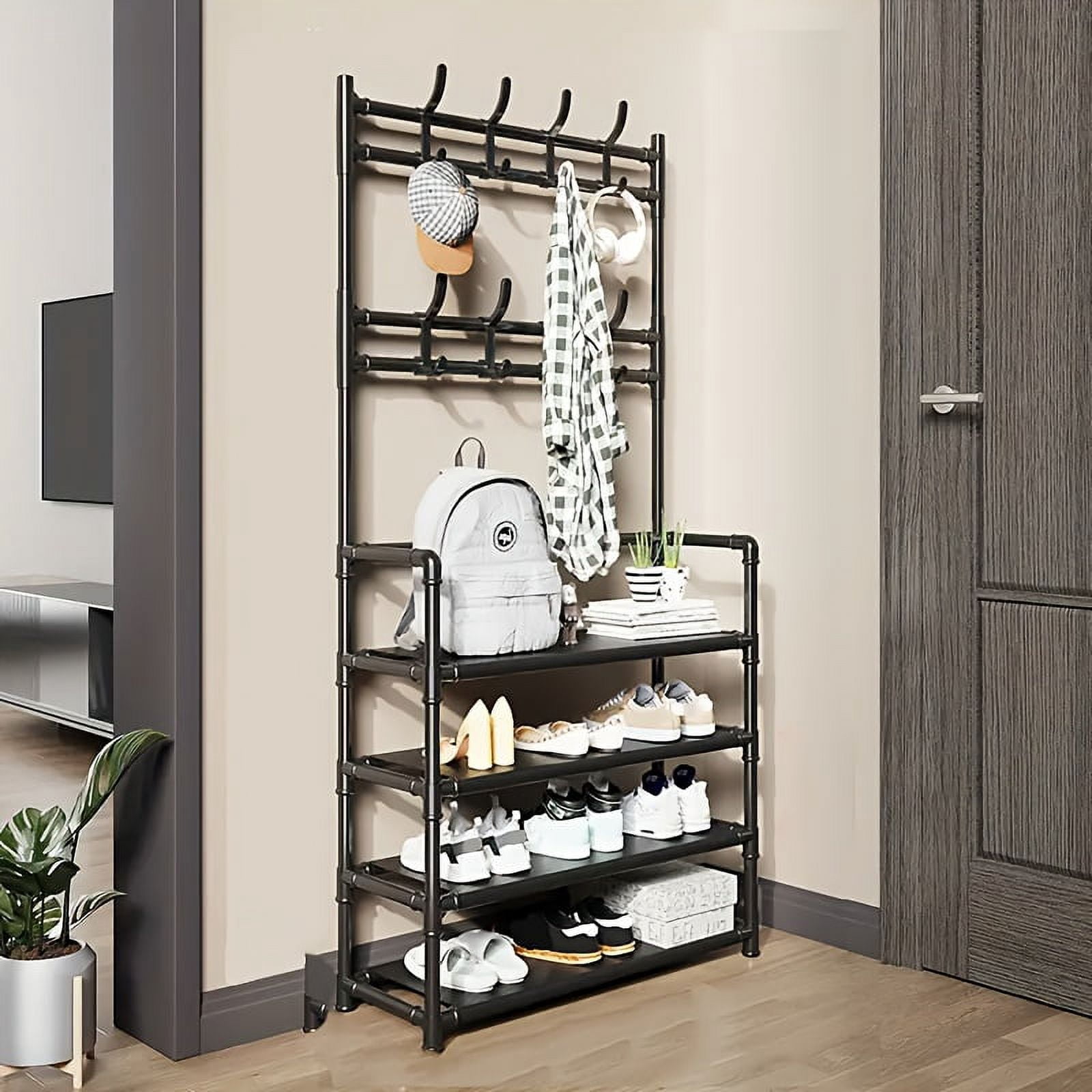 1pc Metal Freestanding Coat Rack with 5-Layer Storage Shelf and 8 ...