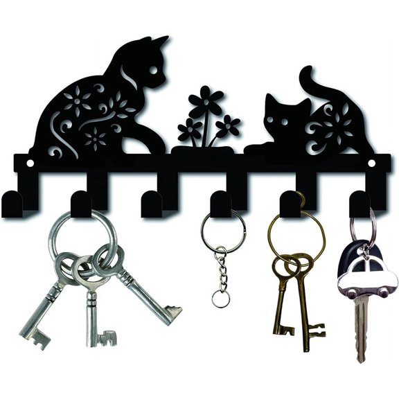 1pc Metal Key Holder Hooks Wall Mount Hanger Hanging Organizer with 6 Hooks Cat and Flower Pattern for Cabinet Towel