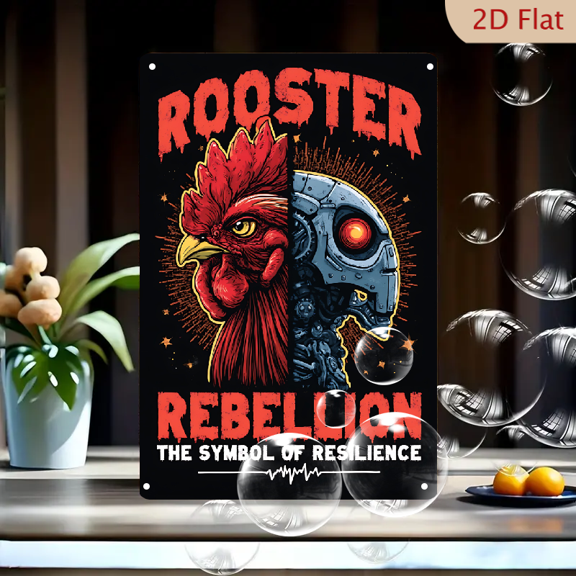 1pc Metal Tin Sign, 8x12 Inches, Cyberpunk Rooster Rebellion Wall Art, Futuristic Robot Chicken Head Design, Symbol of Resilience & Strength,
