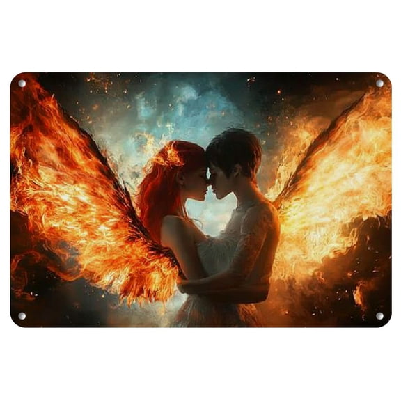 1pc Metal Tin Sign Ice and fire angels man and woman embrace Home Decor Tin Painting Wall Art Suitable for Home Restaurant Cafe Bar Garage Ready to Hang 12x8 Inch, 2D