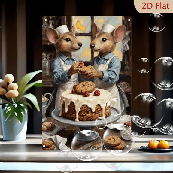 1pc Metal Wall Art, 8x12 Inches, Anthropomorphic Mice Bakers in Cozy Kitchen with Cake & Cookies, Rustic Whimsical Kitchen Decor, for Home, Cafe, Bar, Garden, 2D Flat Decorative Sign