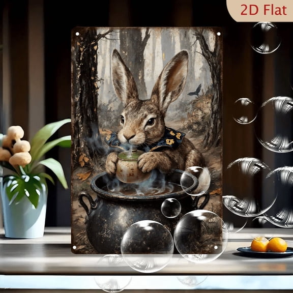 1pc Metal Wall Art, 8x12 Inches, Anthropomorphic Rabbit with Teapot Over Cauldron in Misty Autumn Forest Decor, Whimsical Fantasy Fairy-Tale Style Metal Plaque, Ideal for Home, Garden, Porch