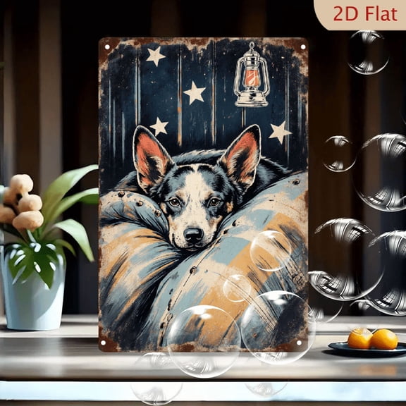 1pc Metal Wall Art, 8x12 Inches, Australian Cattle Dog with Striped Pillow, Vintage Kerosene Lantern & Stars, Retro Distressed Tin Sign, Antique Rusty Border, for Outdoor Porch Garage Home Garden