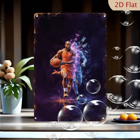 1pc Metal Wall Art, 8x12 Inches, Basketball Player Action Artwork, Bald Man Dribbling Basketball with Ghostly Figure in Dynamic Pose, Dark Gradient Purple Background, Bold Colors & Expressive