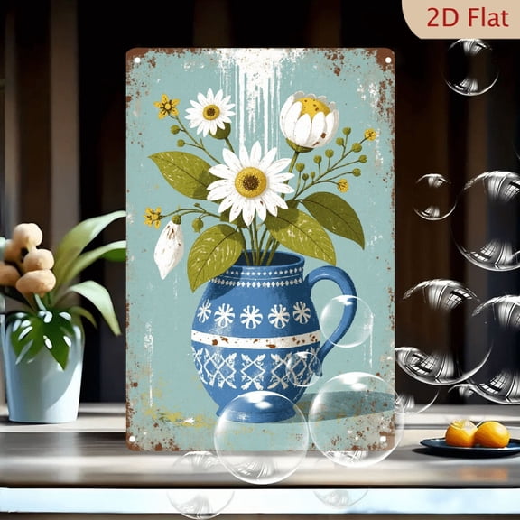 1pc Metal Wall Art, 8x12 Inches, Blue Ceramic Jug with White Floral Patterns & Daisies, Vintage Light Blue Textured Background, Retro Aged Style Decorative Sign, for