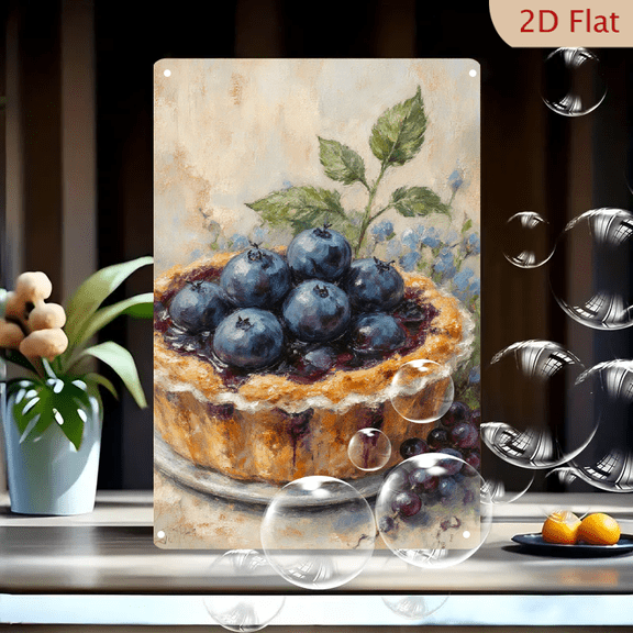 1pc Metal Wall Art, 8x12 Inches, Blueberry Tart with Grapes & Flowers Realistic Oil Painting Style, Indoor Outdoor Home Garden Cafe Bar Decor, Vintage Art Decorative Plaque, 2D Flat Wall Sign