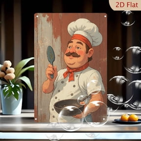 1pc Metal Wall Art, 8x12 Inches, Cartoon Chef with Frying Pan & Spoon, Rustic Wooden Plank Background, Whimsical Culinary Chef Decor, Ideal for