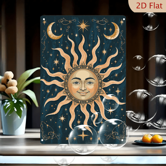 1pc Metal Wall Art, 8x12 Inches, Celestial Sun and Moon Decorative Sign, Serene Smiling Sun with Golden Rays, Shimmering Stars and Filigree Ornaments, Ideal for Home, Living