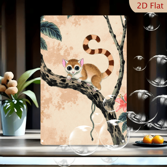 1pc Metal Wall Art, 8x12 Inches, Cute Cartoon Primate with Striped Tail on Tree Branch, Vintage Watercolor Jungle Scene Decor, Ideal for Home, Living Room, Bedroom, Nursery, Holiday Gift