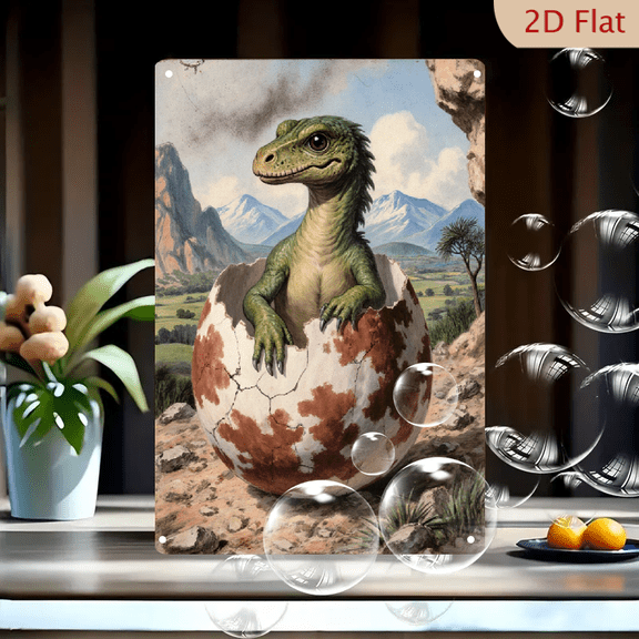 1pc Metal Wall Art, 8x12 Inches, Cute Green Dinosaur Hatching from Egg with Volcanic Landscape Prehistoric Scene Decorative Sign for Home, Office, Kids Room