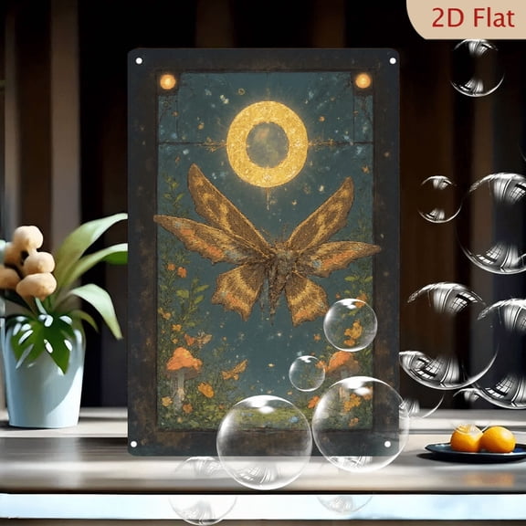 1pc Metal Wall Art, 8x12 Inches, Fantasy Moth Under Golden Ring with Mushrooms and Flowers, Enchanted Forest Night Scene, Magical Garden Decor for Home, Living Room, Bedroom, Cafe,