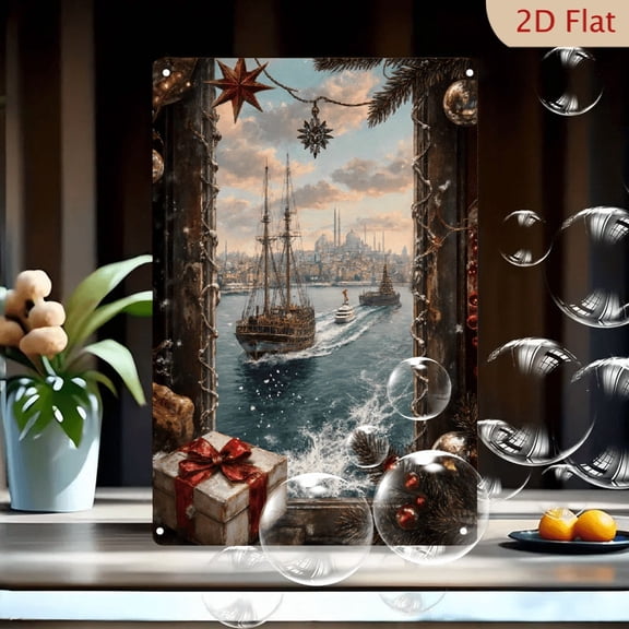 1pc Metal Wall Art, 8x12 Inches, Festive Winter Christmas Window Scene with Istanbul Waterfront, Wooden Ship, Cityscape, Red Baubles & Snowflake Decor,