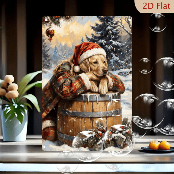 1pc Metal Wall Art, 8x12 Inches, Festive Winter Golden Retriever in Santa Hat & Plaid Coat on Wooden Barrel with Snowy Trees & Christmas Decor, Indoor Outdoor Porch Garage Home Caf Bar Garden