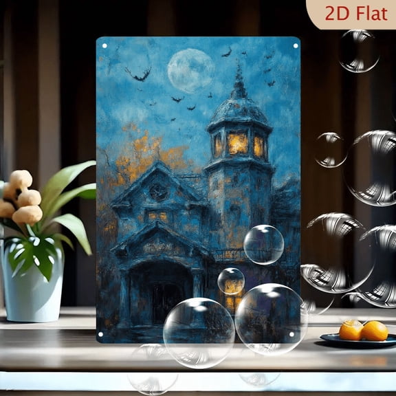 1pc Metal Wall Art, 8x12 Inches, Halloween Haunted House Under Full Moonlit Night, Gothic Victorian Spooky House with Arched Windows & Bats, Autumn Trees,