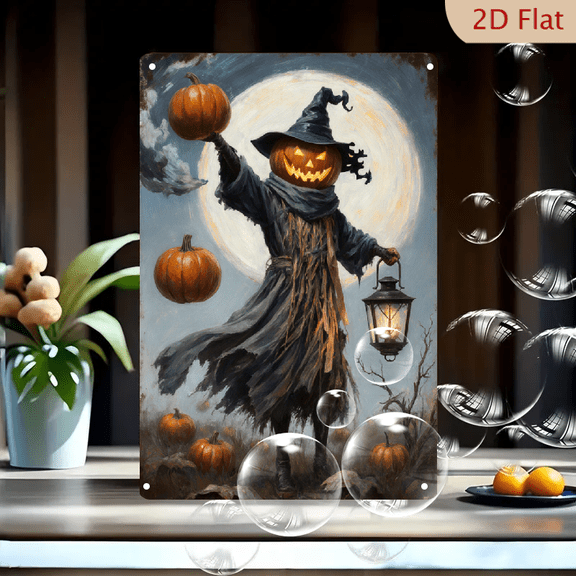 1pc Metal Wall Art, 8x12 Inches, Halloween Scarecrow with Jack-o'-Lantern Head & Pumpkins Full Moon Scene, Outdoor/Indoor Porch Garden Home Decor, Spooky Festive Autumn Metal Sign, 2D Flat