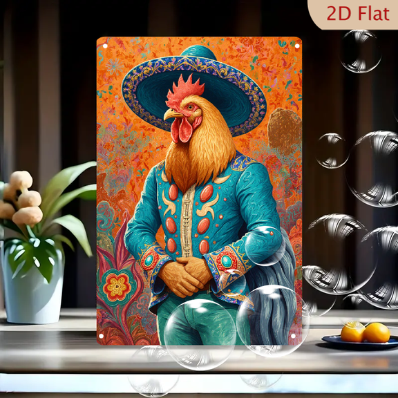 1pc Metal Wall Art, 8x12 Inches, Mexican Charro Rooster Folk Art Decorative Sign, Vibrant Day of the Dead Style with Turquoise Suit and Sombrero, Ideal for Home, Cafe, Bar
