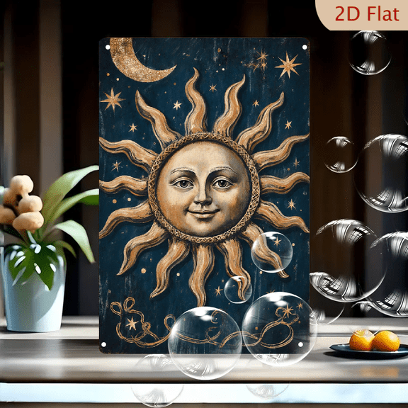 1pc Metal Wall Art, 8x12 Inches, Mystical Celestial Sun and Moon Night Sky Decorative Sign with Golden Stars and Swirls, Ideal for Indoor Home, Living Room, Bedroom, Cafe, Bar, Holiday Party,