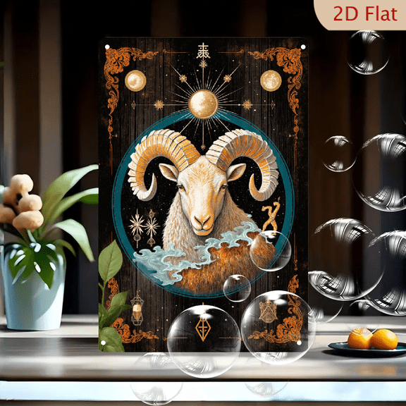 1pc Metal Wall Art, 8x12 Inches, Mystical Ram Head with Golden Horns and Celestial Orbs Decorative Sign, Esoteric Astrological Fantasy Illustration for Home, Bar, Cafe, Garden, Holiday