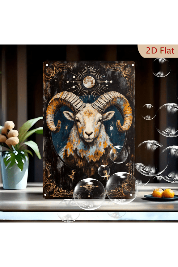 1pc Metal Wall Art, 8x12 Inches, Mystical Ram Head with Moon and Celestial Symbols, Baroque Filigree Border, Tarot Astrology Alchemy Themed Decorative Sign for Home, Garden, Cafe,