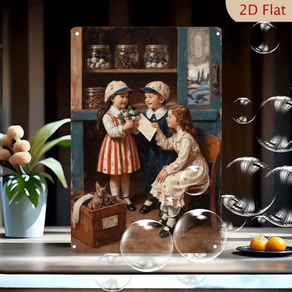 1pc Metal Wall Art, 8x12 Inches, Nostalgic Pastoral Scene with Three Children, Vintage Wooden Cabin Decor, Rustic Countryside Wall Decor for Home, Porch, Garden, Kids' Room, Home Office