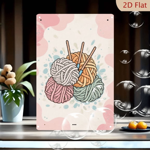 1pc Metal Wall Art, 8x12 Inches, Pastel Yarn & Knitting Needles Illustration, Whimsical Craft Decor, Soft Cream Background with Pink/Blue Splatters, for Home