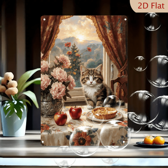 1pc Metal Wall Art, 8x12 Inches, Pastoral Scene with Table, Silver Vase, Pink Peonies, Red Apples, Golden Pie, Fluffy Kitten, Wooden Chair, Window Landscape, Rustic Home Decor, Vintage Cozy Wall Sign