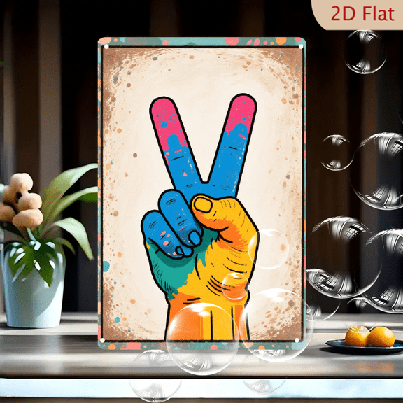 1pc Metal Wall Art, 8x12 Inches, Peace Sign Hand Vibrant Colorful Illustration, Retro Aged Paper Background, Decorative Vintage Style Metal Sign, Home Porch Garden