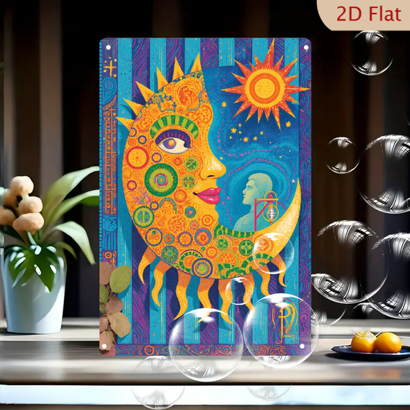 1pc Metal Wall Art, 8x12 Inches, Psychedelic Crescent Moon with Feminine Face and Sun Stars Decorative Sign, Vibrant Colorful Circles Spirals Peace Symbols, Mystical Celestial Harmony