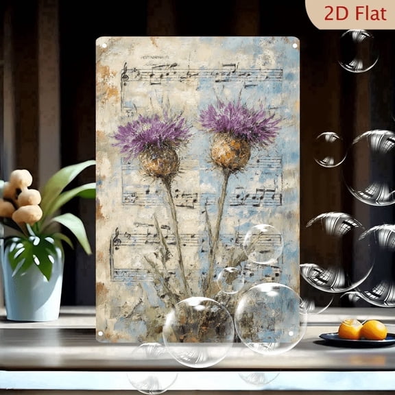 1pc Metal Wall Art, 8x12 Inches, Purple Thistle Flowers with Spiky Seed Heads on Vintage Sheet Music Background, Impressionistic Floral & Musical Decor, 2D Flat