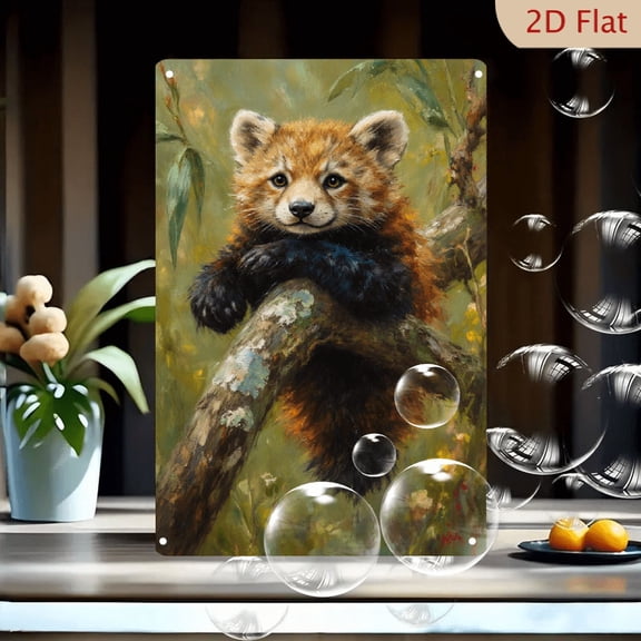 1pc Metal Wall Art, 8x12 Inches, Red Panda Resting on Tree Branch Painting, Realistic Impressionistic Forest Scene with Bamboo, Metal Wall Sign for Home, Porch, Garden Decor, 2D Flat Artwork