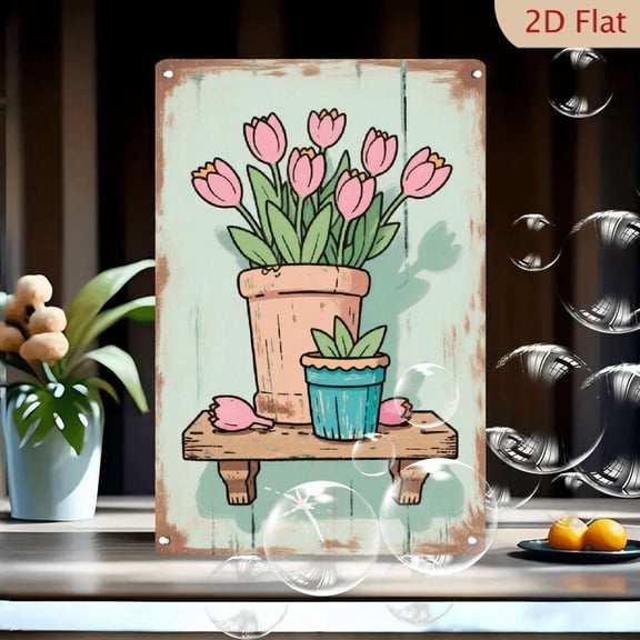 1pc Metal Wall Art, 8x12 Inches, Rustic Aged Floral Garden Shelf Decor with Potted Plants & Pink Tulips, Distressed Rusty Texture Wood Panel Background,